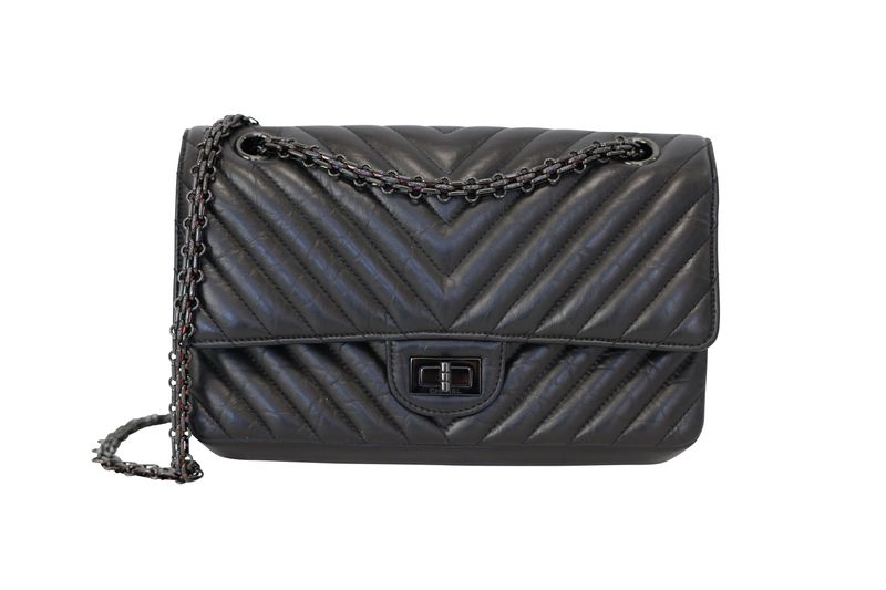 Chanel 2.55 Reissue 20A Flap 226 Handbag, So Black Chevron Aged Calfskin and Black Hardware, Preowned in Box WA001