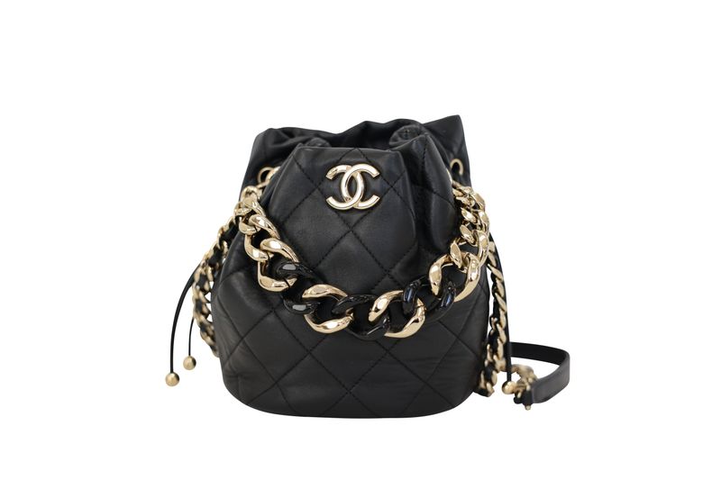 Chanel Elegant Chain is More Bucket Bag, Black Quilted Leather and Gold Hardware, Preowned in Box WA001