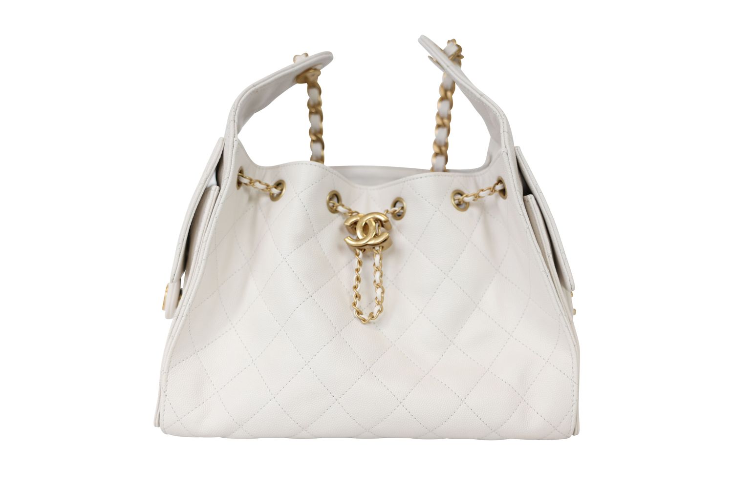 Chanel 25 Small Shoulder Bag, White Quilted Caviar and Gold Hardware, Preowned in Box WA001