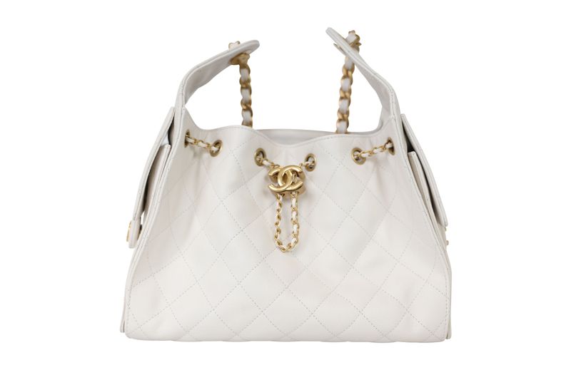 Chanel 25 Small Shoulder Bag, White Quilted Caviar and Gold Hardware, Preowned in Box WA001