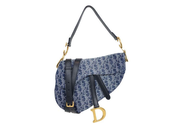 Christian Dior Saddle Bag, Blue Dior Oblique Jacquard Denim and Gold Hardware, Preowned in Box WA001