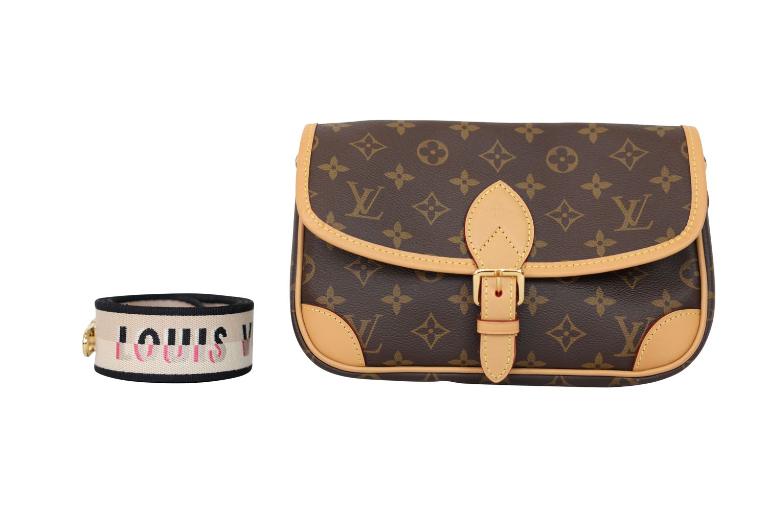 Louis Vuitton Diane Satchel Bag, Brown Monogram Canvas and Natural Cowhide with Gold Hardware, Preowned in Box WA001