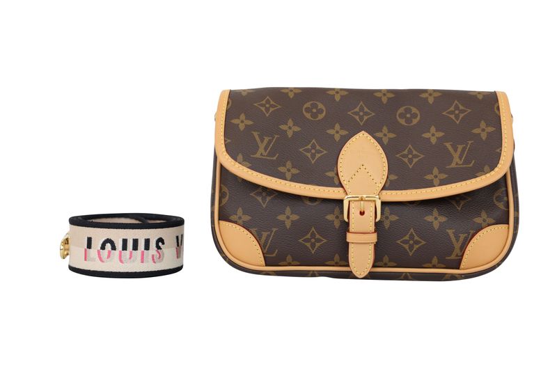 Louis Vuitton Diane Satchel Bag, Brown Monogram Canvas and Natural Cowhide with Gold Hardware, Preowned in Box WA001