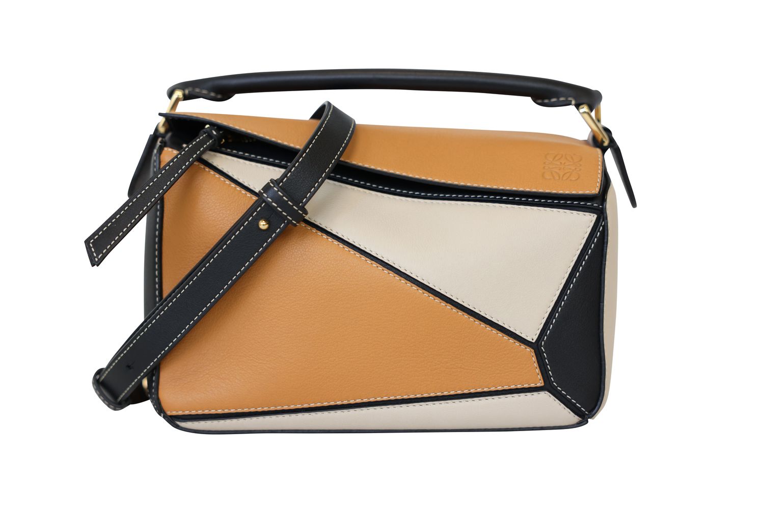 Loewe Puzzle Small Bag, Tan Beige Black Calfskin and Gold Hardware, Preowned in Dustbag WA001