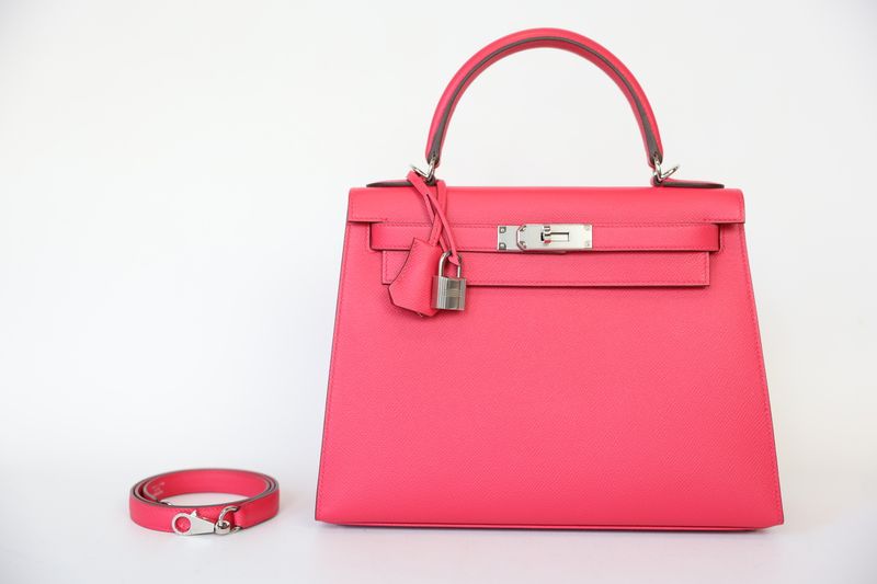Hermes Kelly Sellier 28 Handbag, Pink Framboise Leather and Palladium Hardware, D 2019 Stamp, Preowned in Box WA001