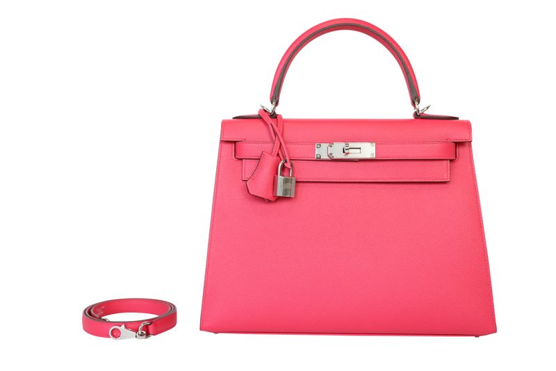 Hermes Kelly Sellier 28 Handbag, Pink Framboise Leather and Palladium Hardware, D 2019 Stamp, Preowned in Box WA001 Hermes Kelly Sellier 28 Handbag, Pink Framboise Leather and Palladium Hardware, D 2019 Stamp, Preowned in Box WA001