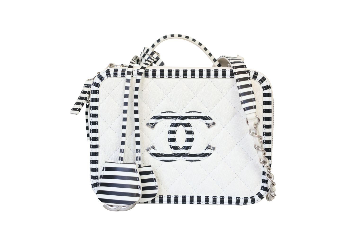 Chanel Filigree CC Vanity Case 19C Small Bag, White Quilted Caviar and Black Striped Trim with Silver Hardware, Preowned in Box WA001