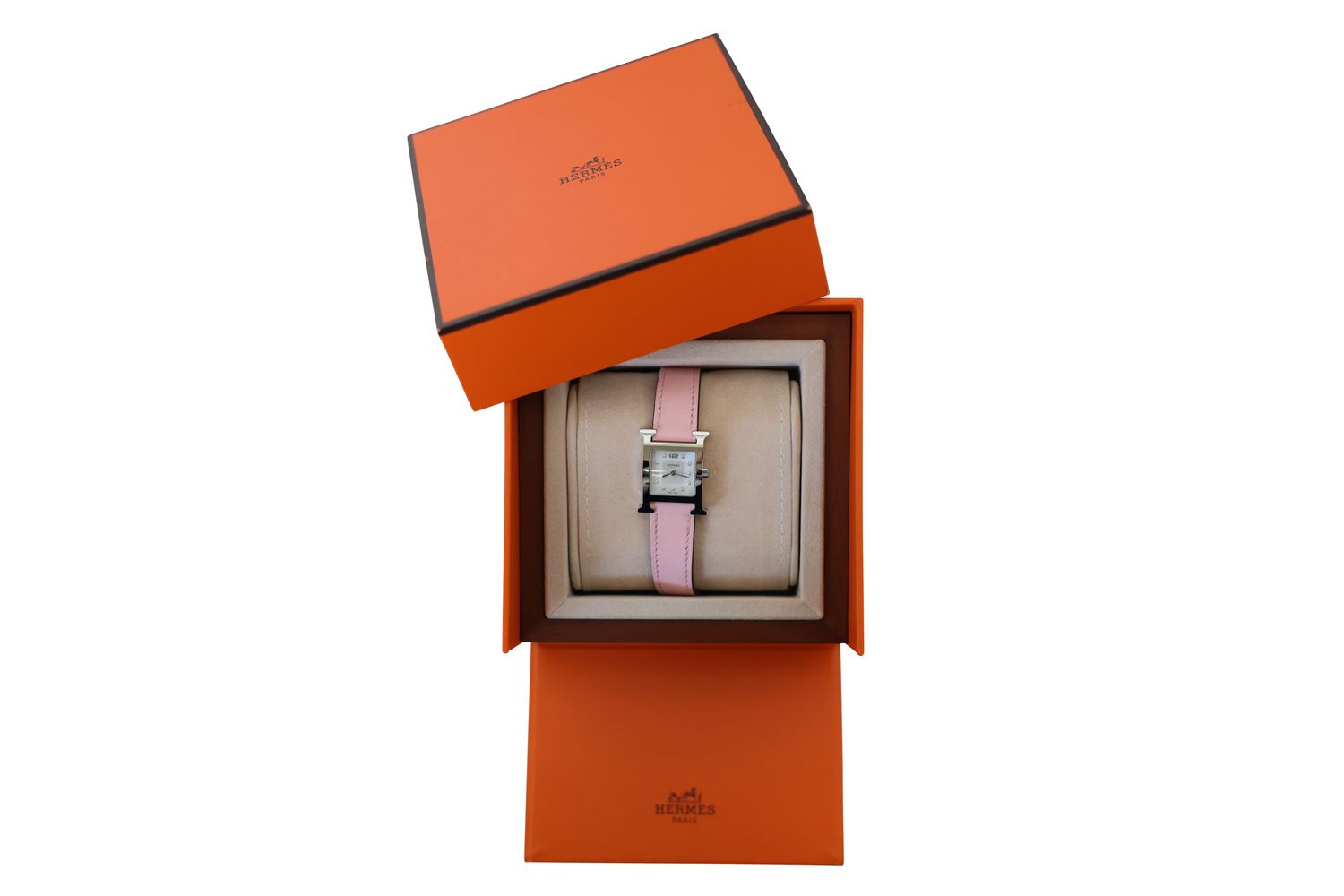 Hermes Heure H Small Model 25 mm Watch, Pink Rose Sakura Swift Calfskin with Diamonds, Preowned in Box WA001