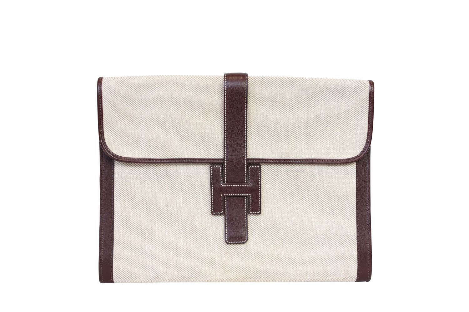 Hermès Jige GM Clutch Bag, Beige Toile H Canvas and Brown Box Leather, J in Square Stamp, Preowned No Dustbag WA001