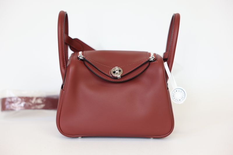 Hermes Lindy Mini Bag, Red Brown Rouge H Swift Calfskin and Palladium Hardware, K 2025 Stamp, New in Box WA001