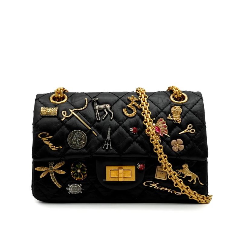 Chanel Mini Matelassé 2.55 Lucky Charm Chain Shoulder Bag Black Leather Gold Hardware PP001