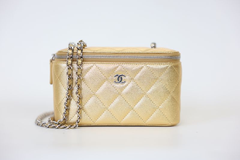 Chanel Vanity Case with Chain Bag, Gold Quilted Caviar Leather and Silver Hardware, New in Box  WA001