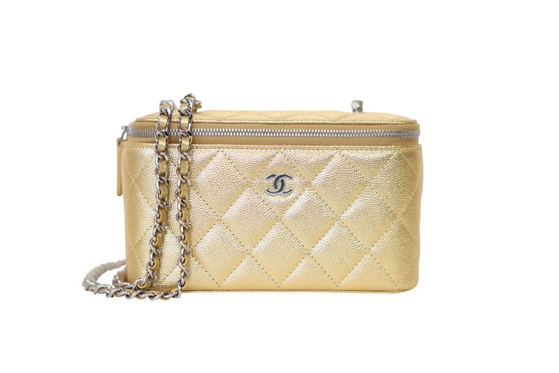 Chanel Vanity Case with Chain Bag, Gold Quilted Caviar Leather and Silver Hardware, New in Box WA001 Chanel Vanity Case with Chain Bag, Gold Quilted Caviar Leather and Silver Hardware, New in Box WA001