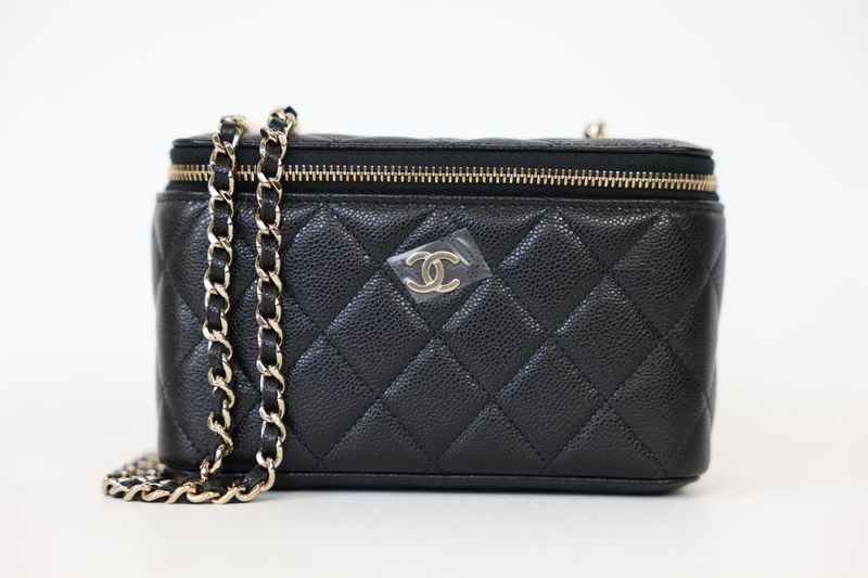 Chanel Vanity Case with Chain Small Bag, Black Quilted Caviar Leather and Gold Hardware, New in Box WA001