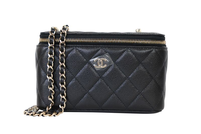 Chanel Vanity Case with Chain Small Bag, Black Quilted Caviar Leather and Gold Hardware, New in Box WA001 Chanel Vanity Case with Chain Small Bag, Black Quilted Caviar Leather and Gold Hardware, New in Box WA001