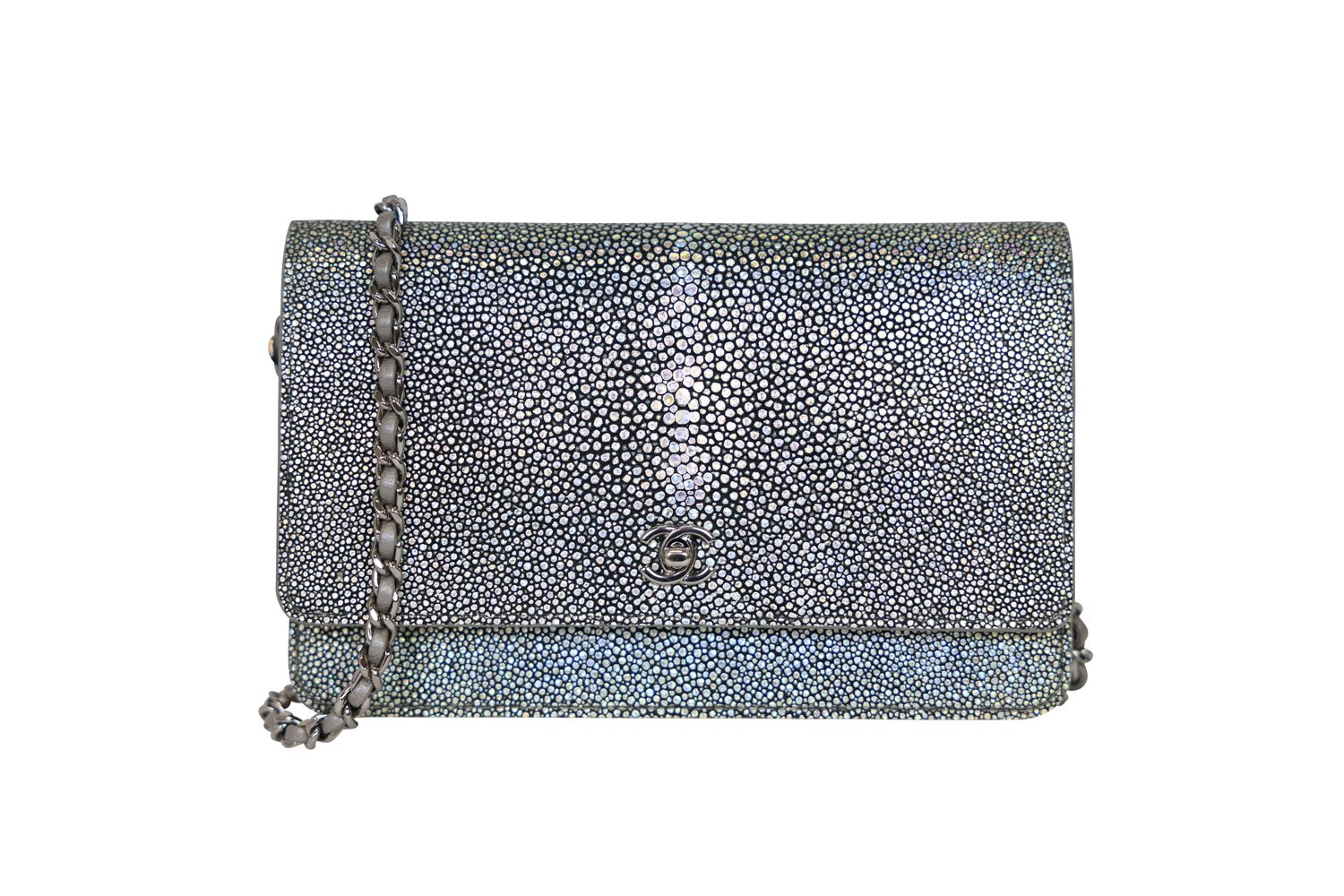Chanel Wallet on Chain Bag, Iridescent Silver Stingray Leather and Ruthenium Hardware, Preowned in Dustbag WA001