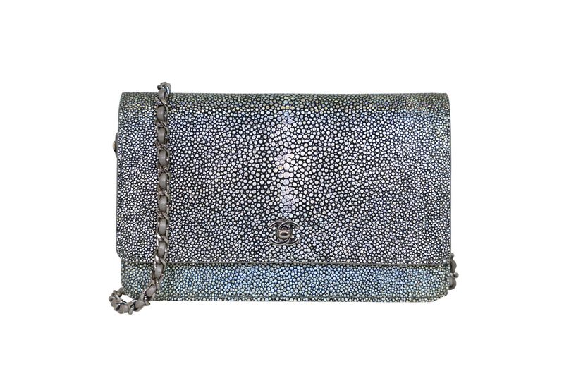Chanel Wallet on Chain Bag, Iridescent Silver Stingray Leather and Ruthenium Hardware, Preowned in Dustbag WA001