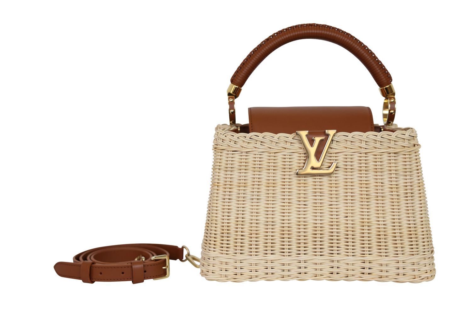 Louis Vuitton Capucines BB Handbag, Natural Wicker and Tan Brown Leather with Gold Hardware, New in Dustbag WA001