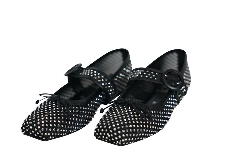 Christian Louboutin Shoes Mamastrapitina Ballet Flats, Crystal-Embellished Mesh and Black Leather, Size 38.5,  New in Box WA001