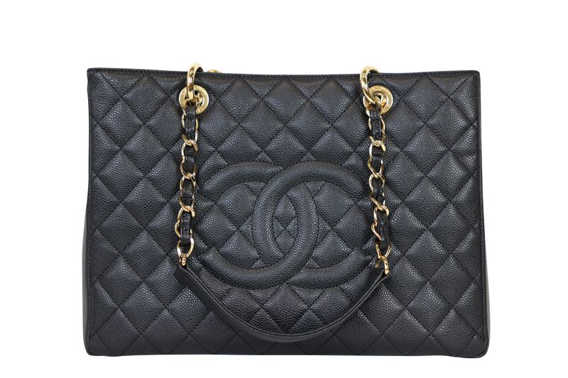 Chanel Grand Shopping Tote Bag GST, Black Quilted Caviar Leather and Gold Hardware, Preowned in Dustbag WA001