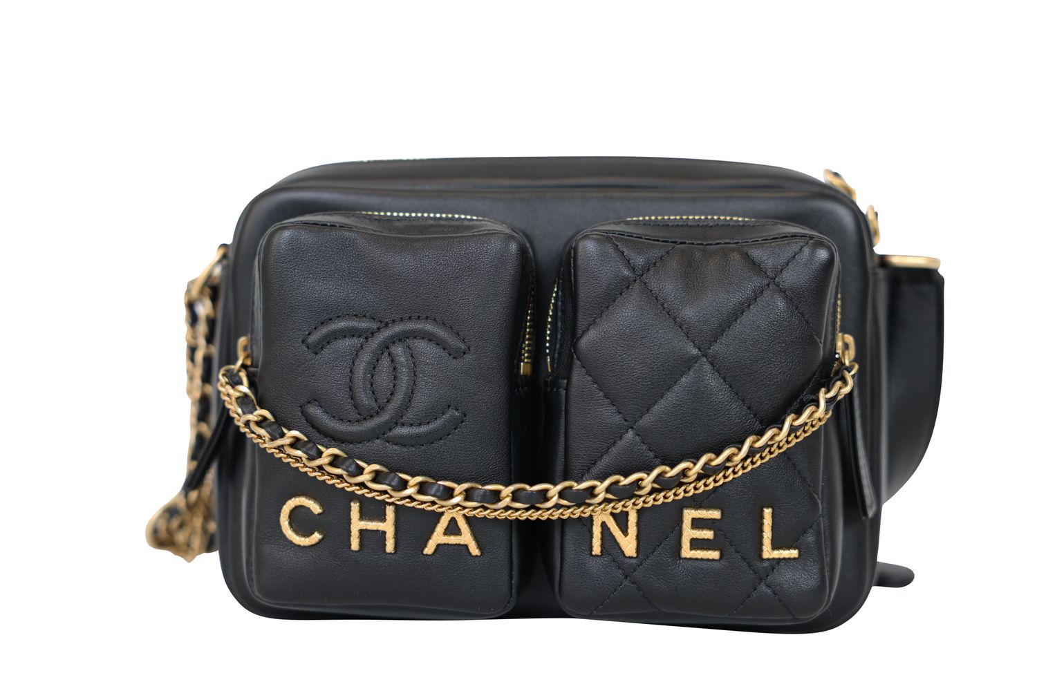 Chanel 22C Twin-Pocket CC Camera Case Bag, Black Calfskin Leather and Gold Hardware, New in Box WA001