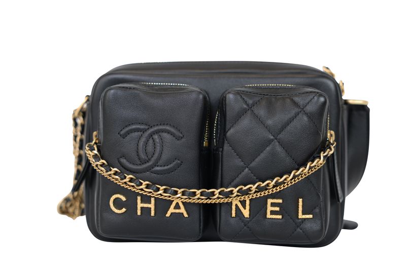 Chanel 22C Twin-Pocket CC Camera Case Bag, Black Calfskin Leather and Gold Hardware, New in Box WA001