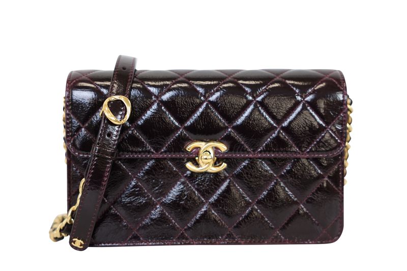 Chanel 25A Flap Small Bag, Dark Burgundy Shiny Quilted Leather and Gold Hardware, New in Box WA001