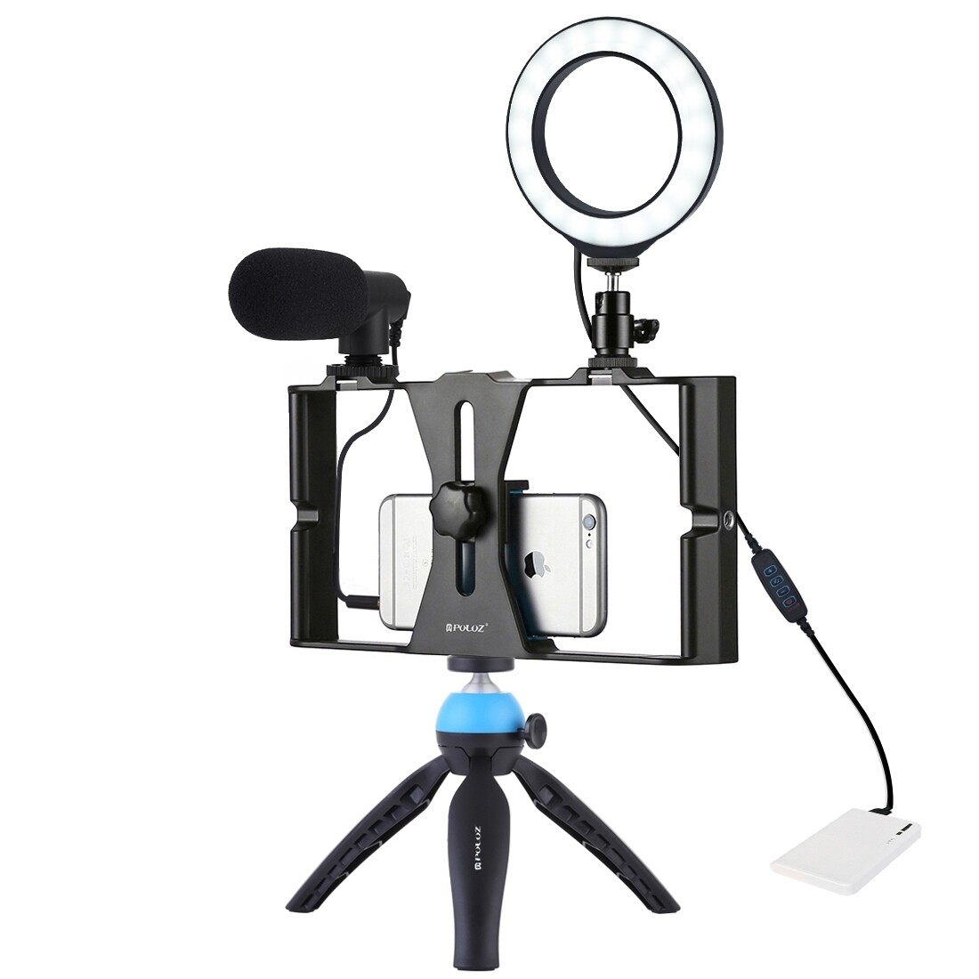 PULUZ 4 in 1 Vlogging Live Broadcast Smartphone Video Rig + 4.7 inch 12cm Ring LED Selfie Light Kits with Microphone + Tripod Mount + Cold Shoe Tripod Head for iPhone, Galaxy, Huawei, Xiaomi, HTC, LG,