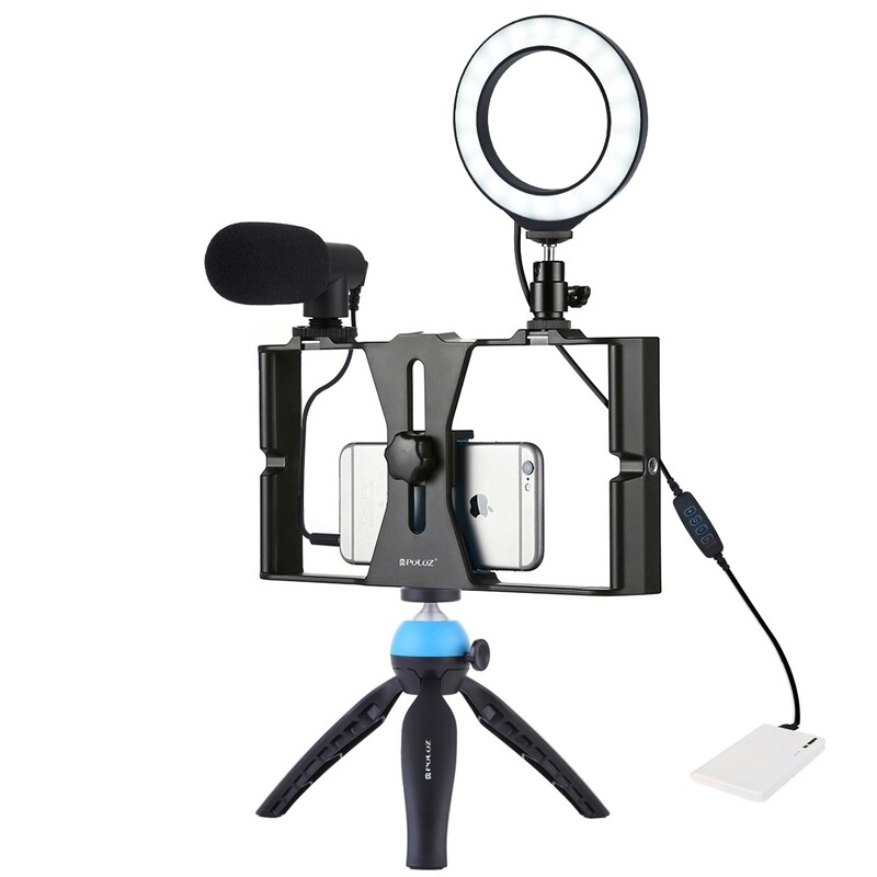 PULUZ 4 in 1 Vlogging Live Broadcast Smartphone Video Rig + 4.7 inch 12cm Ring LED Selfie Light Kits with Microphone + Tripod Mount + Cold Shoe Tripod Head for iPhone, Galaxy, Huawei, Xiaomi, HTC, LG,