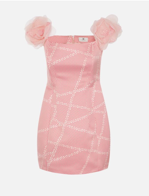 Abito in duchesse con stampa pois e nastri