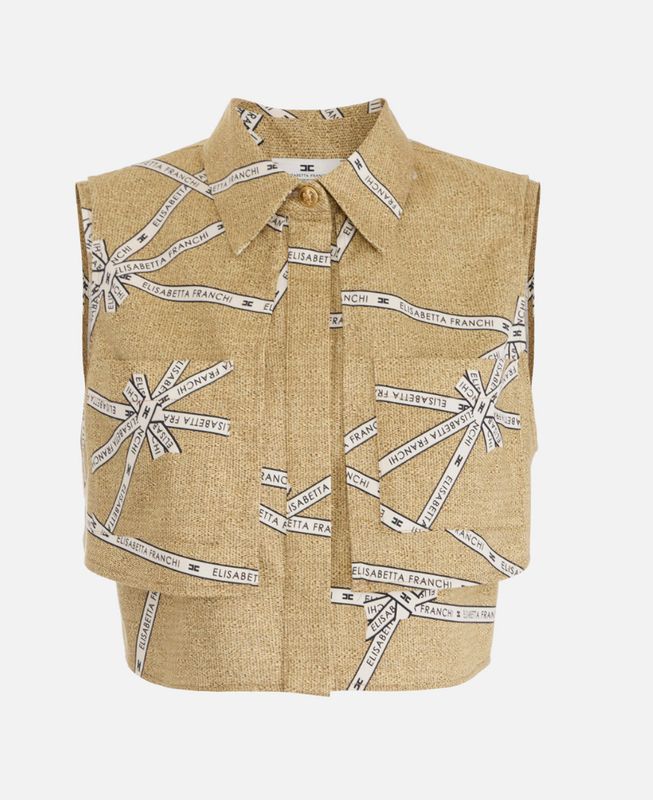 Camicia in cotone con stampa rafia e nastro