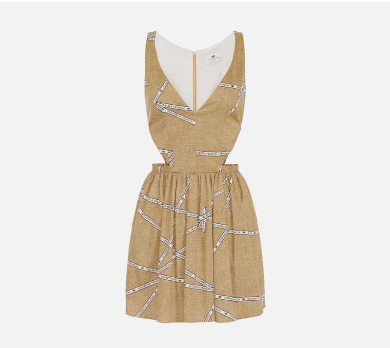 Abito in cotone con stampa rafia e nastro