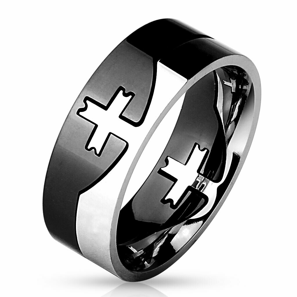 316L SS/BLK CROSS PUZZLE RING