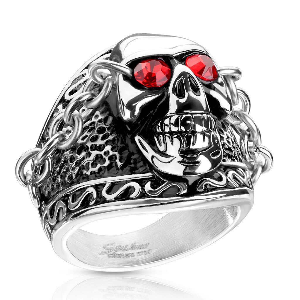 316L CHAINED RED EYE SKULL RING