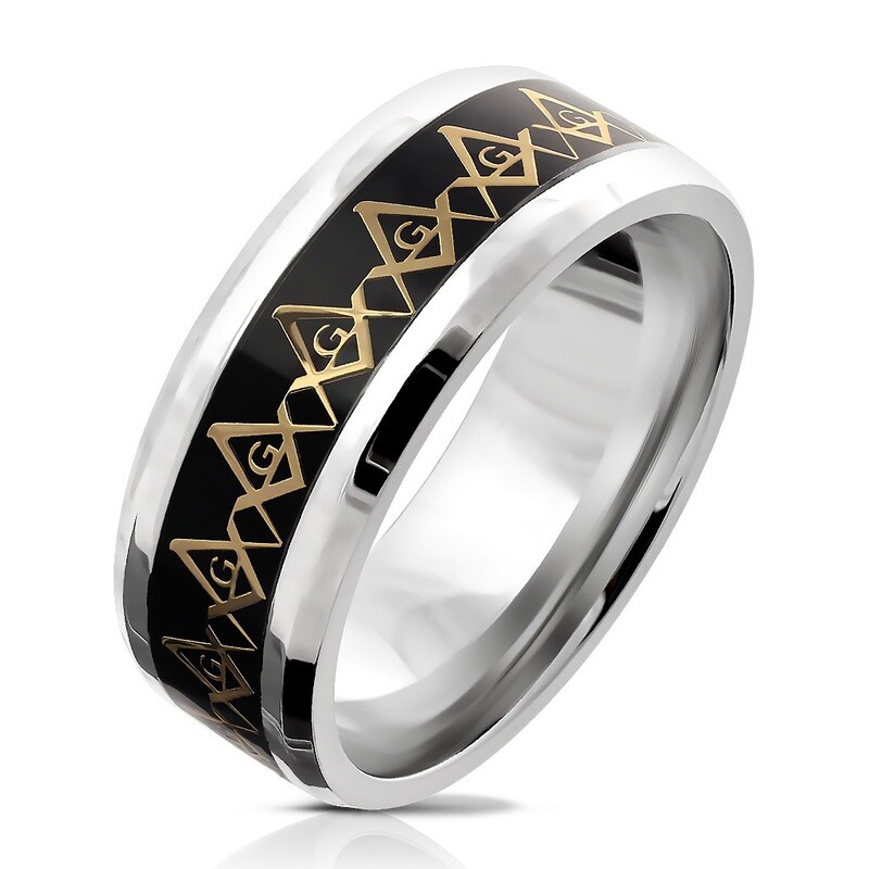 316L GOLD MASONIC COMPASS INLAY RING