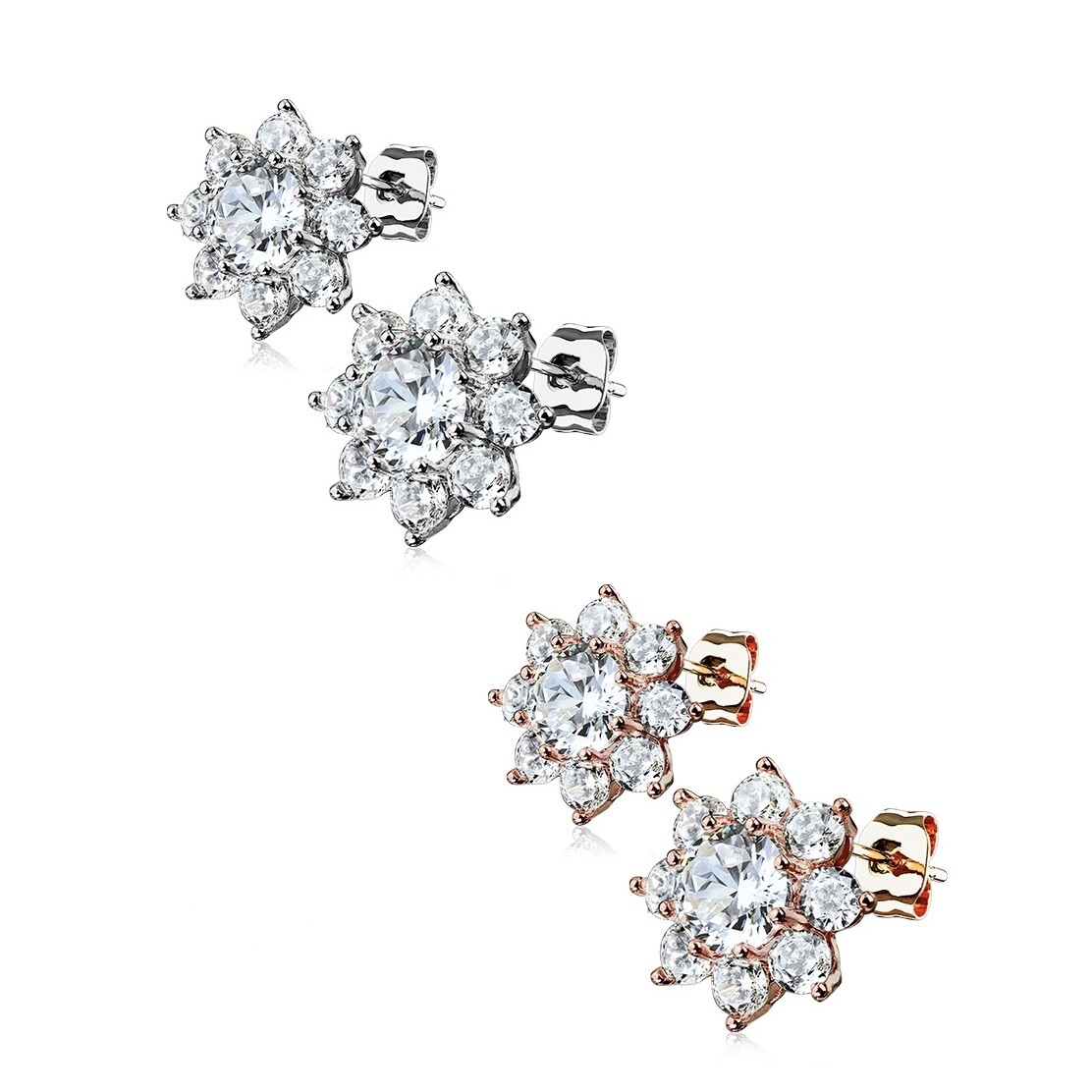 CLEAR RND CZ FLOWER EARRINGS