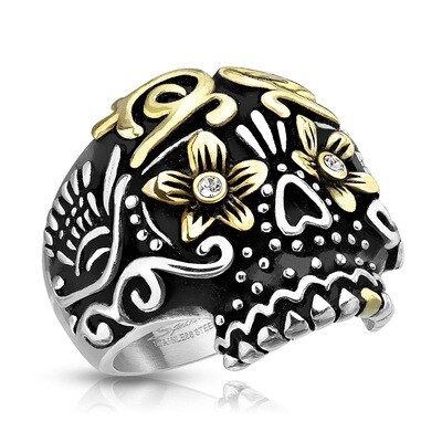 316L GOLD FLOWER DOD SKULL RING