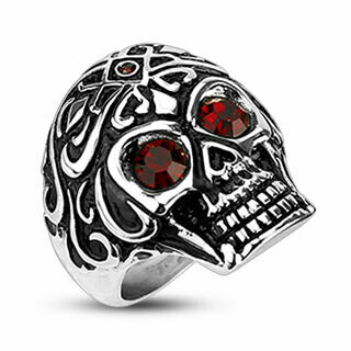 316L TRIBAL RED GEM SKULL RING