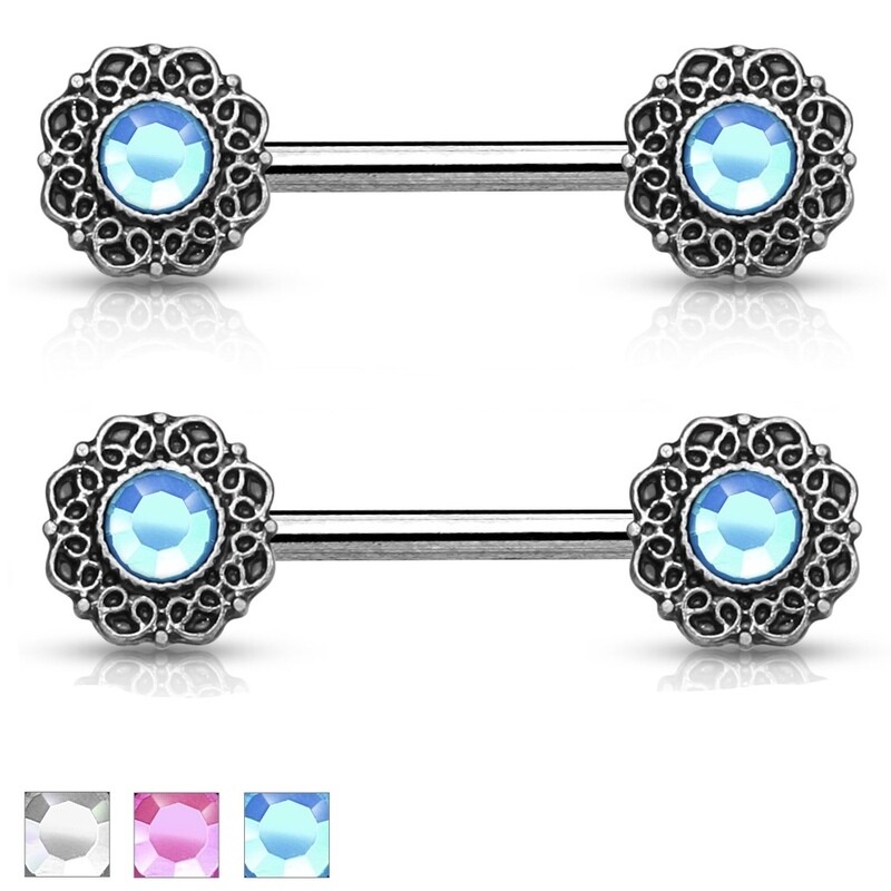 14G 9/16" GEM TRIBAL HEART NIPPLE BARS