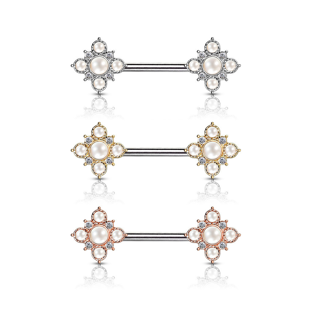 14G 9/16&quot; PEARL/CRYSTAL NIPPLE BARS