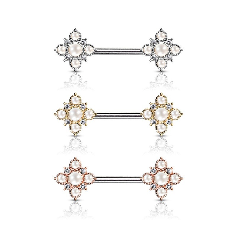 14G 9/16" PEARL/CRYSTAL NIPPLE BARS