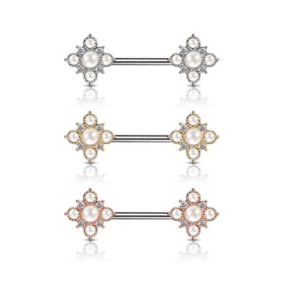 14G 9/16&quot; PEARL/CRYSTAL NIPPLE BARS