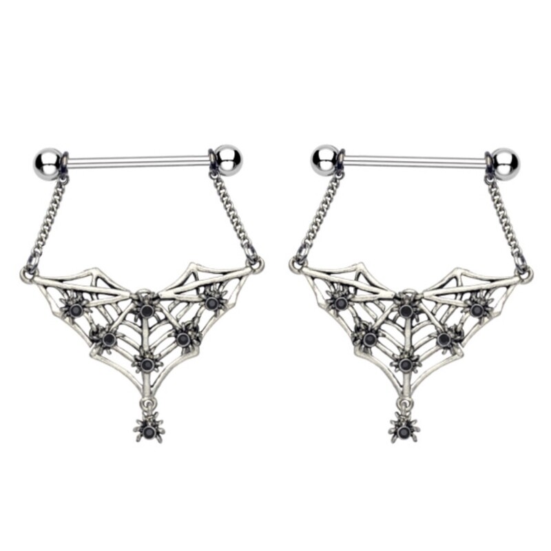 14G 7/8" BLK GEM SPIDERWEB DROP NIPPLE BARS