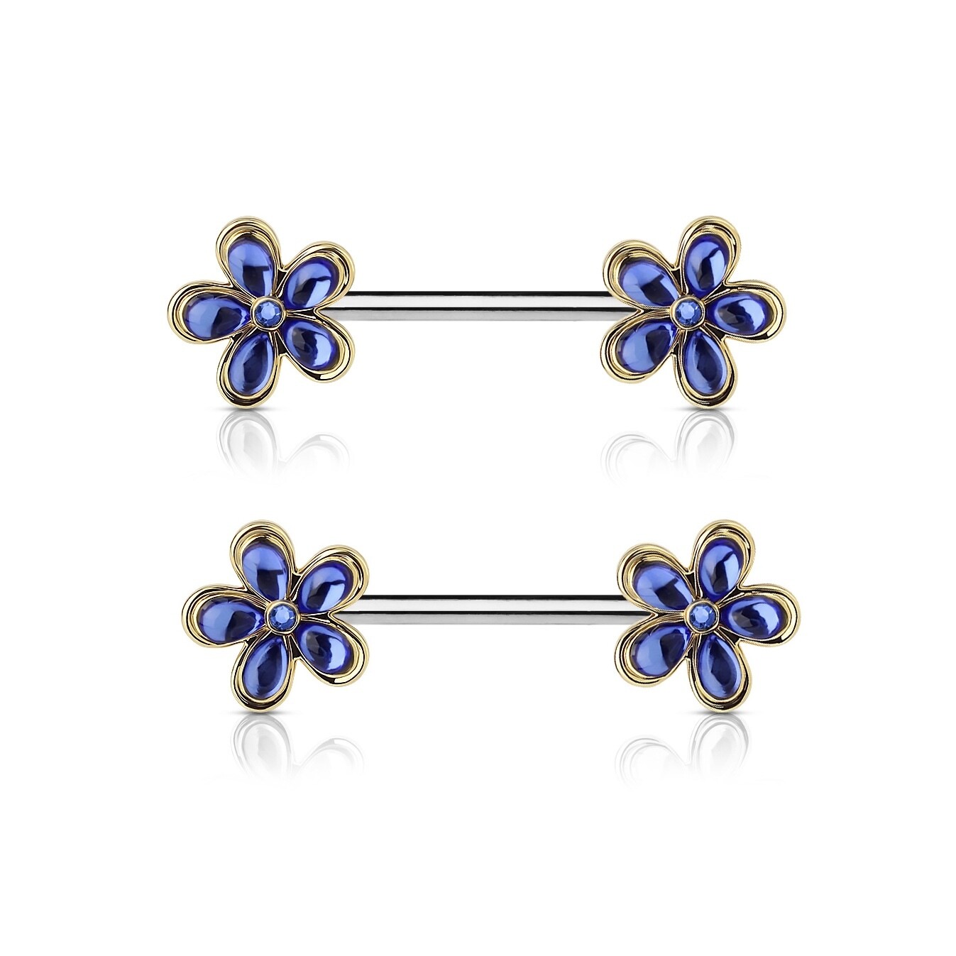 14G 9/16&quot; BLUE/GOLD FLOWER NIPPLE BARS