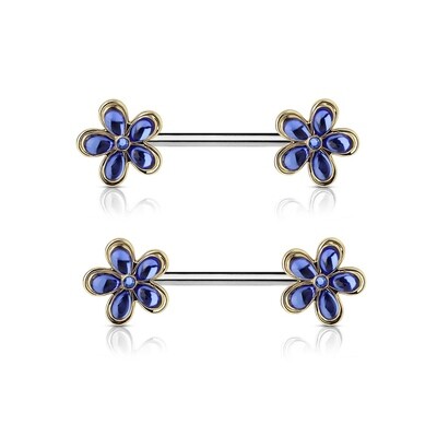 14G 9/16&quot; BLUE/GOLD FLOWER NIPPLE BARS