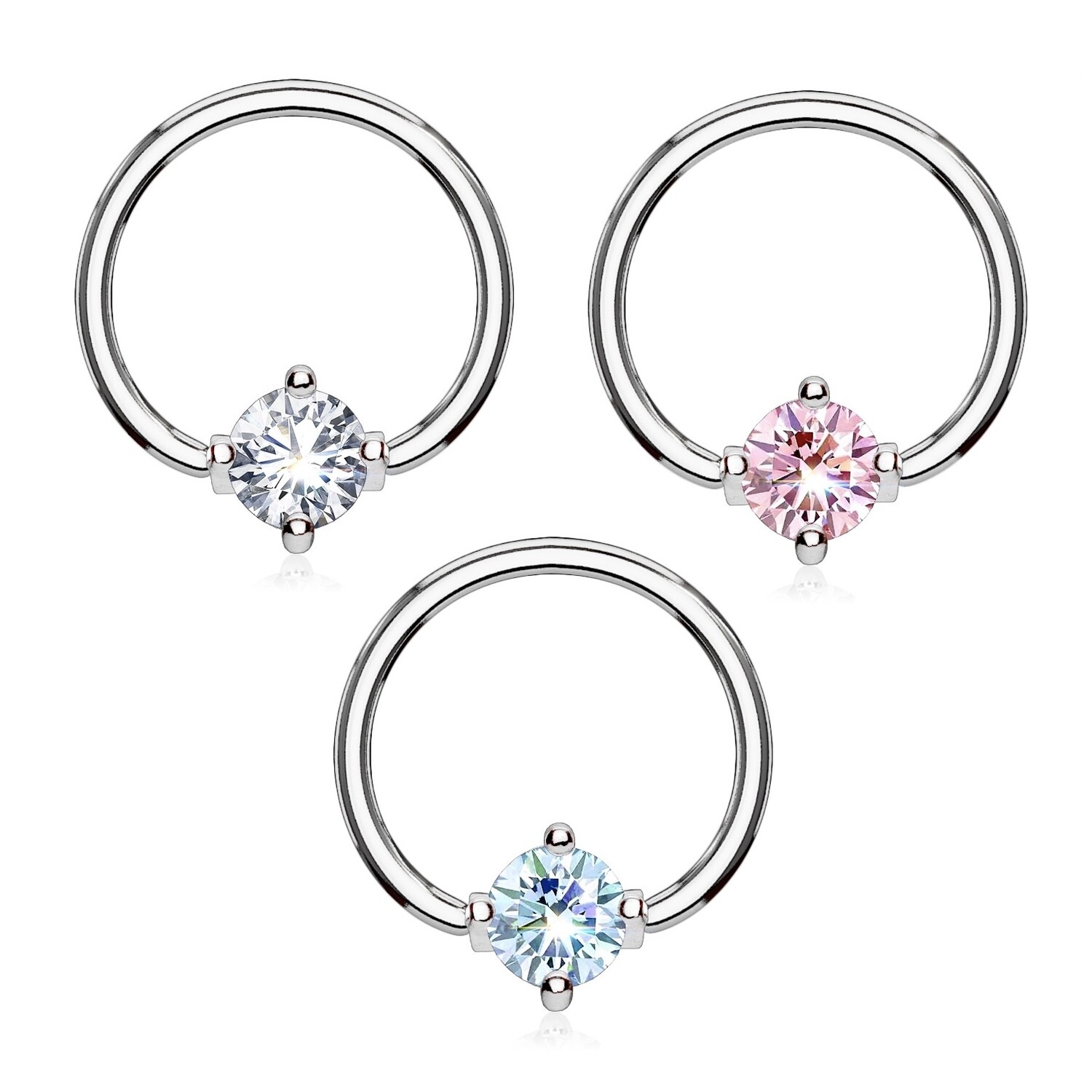 3PK 16G 3/8&quot; CLEAR/AQUA/PINK CZ SS CBR