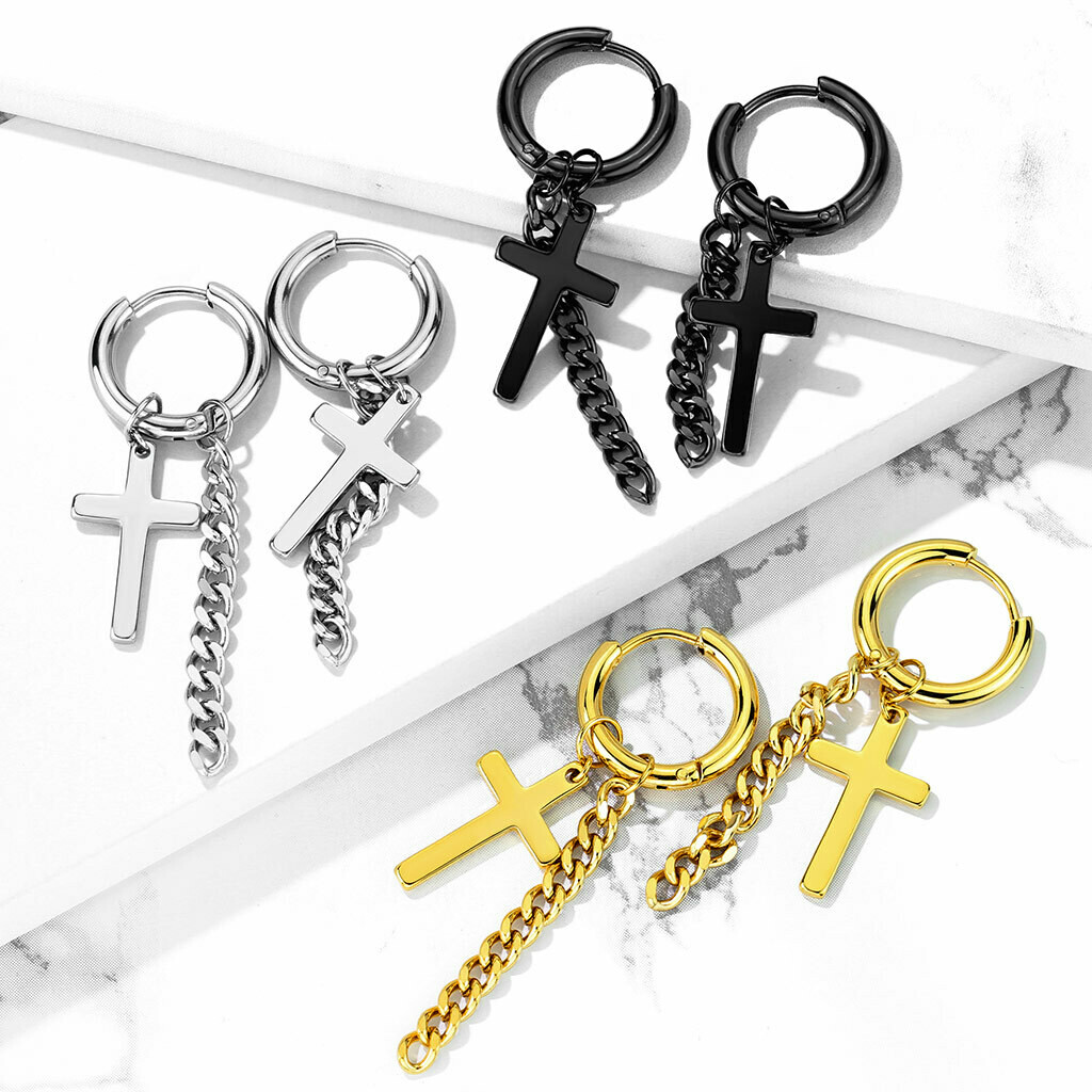 CROSS CHAIN DANGLE HINGE HOOPS