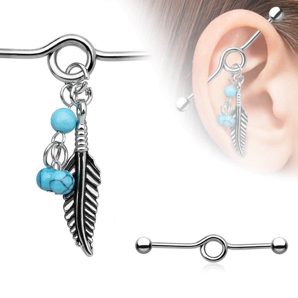 14G FEATHER BEADS DANGLY 1&amp;1/2&quot; BAR