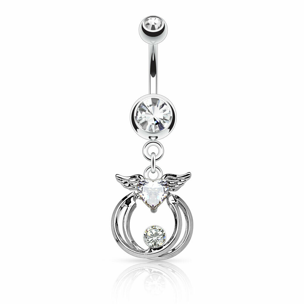 HEART CZ WINGS CIRCLES DANGLE 14G 3/8&quot;, 316L: CLEAR