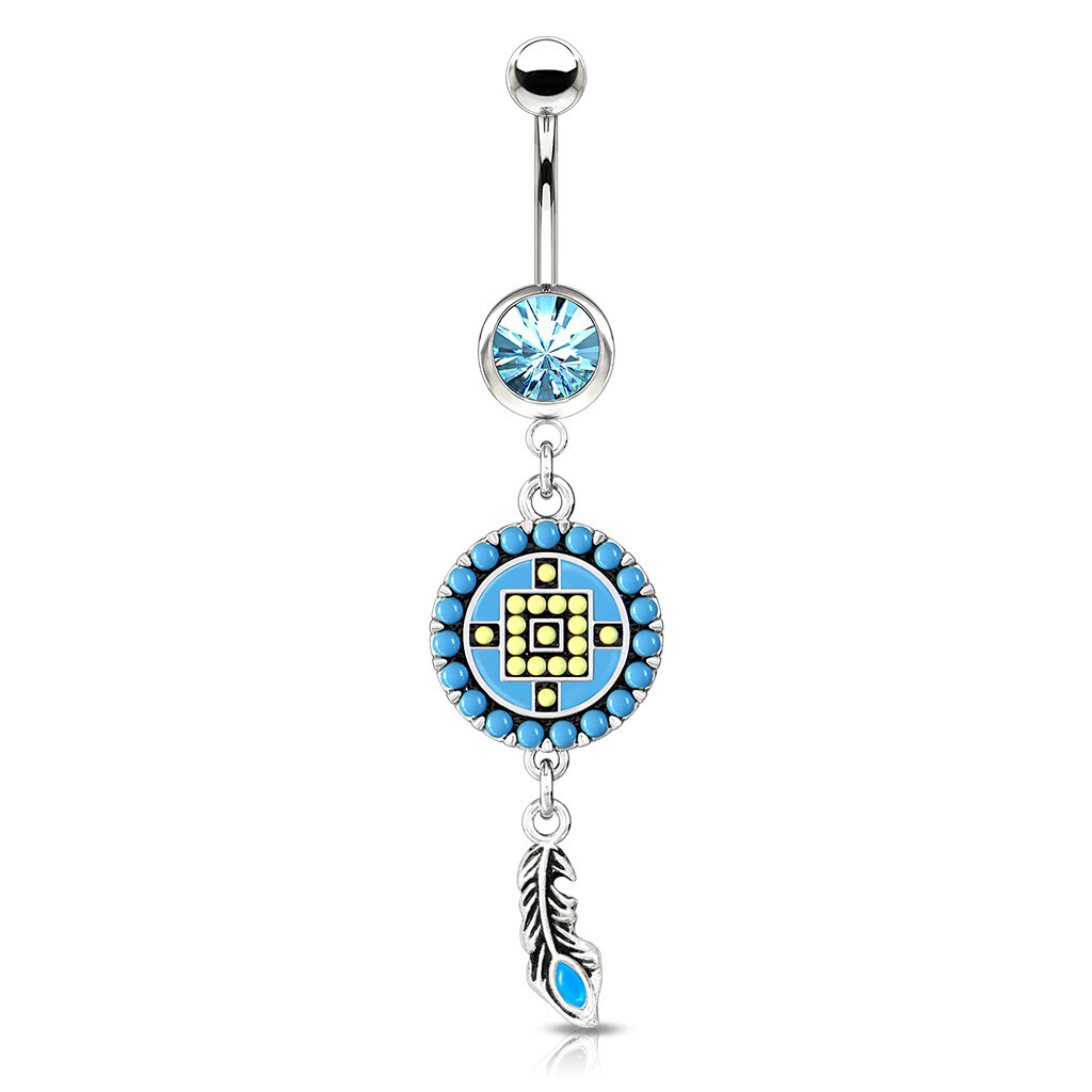 AZTEC TURQ FEATHER DANGLE NAVEL 14G 3/8&quot;